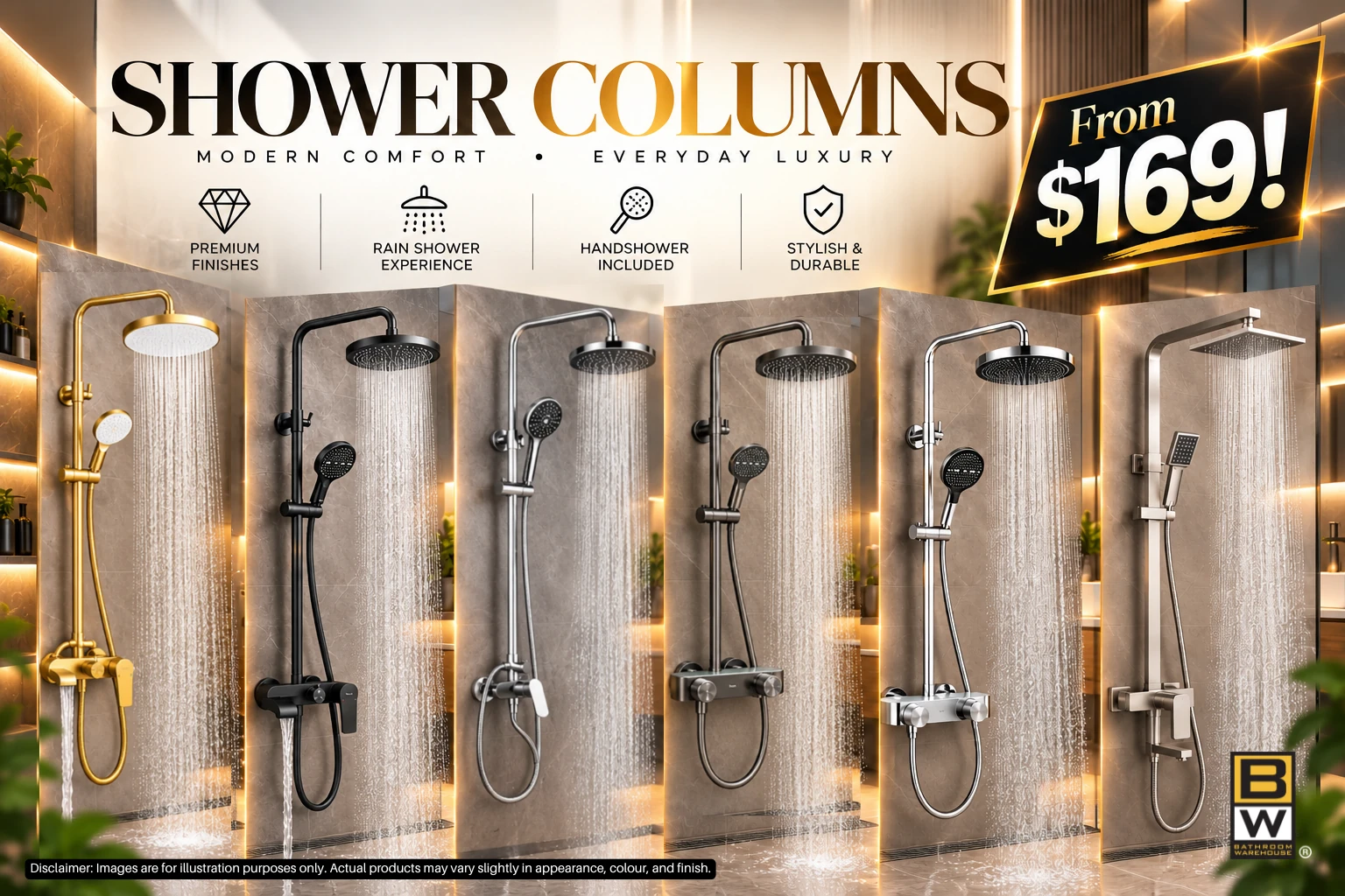 Shower Columns promotion featuring six shower designs, from $169